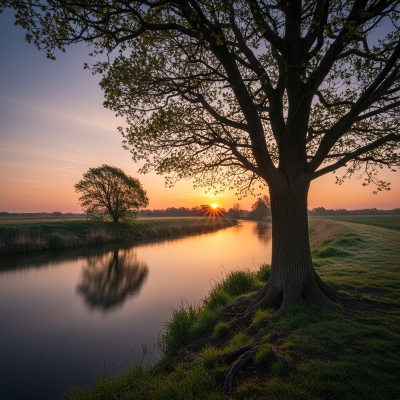 Stoic Scenery Depicting Resilient Oak Tree | Symbolic Sunrise Stoic Scenery Depicting Resilient Oak Tree | Symbolic Sunrise