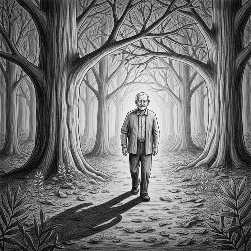 Ethereal Forest Walk: Dark Pencil Sketch of Elderly Man Ethereal Forest Walk: Dark Pencil Sketch of Elderly Man
