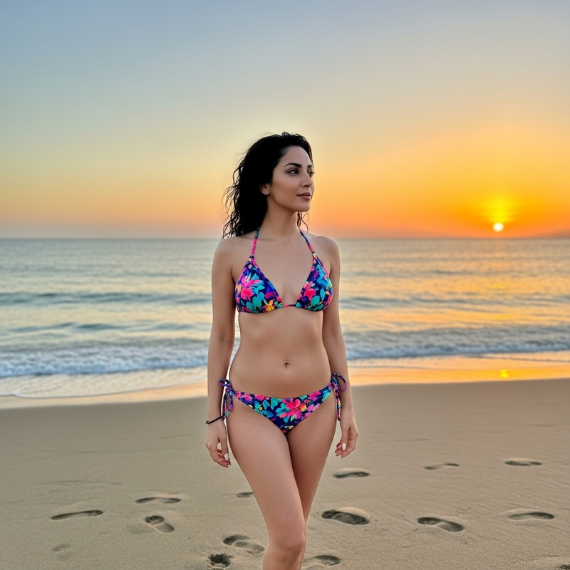 Stunning Bikini Model Poses on Serene Beach at Sunset Stunning Bikini Model Poses on Serene Beach at Sunset