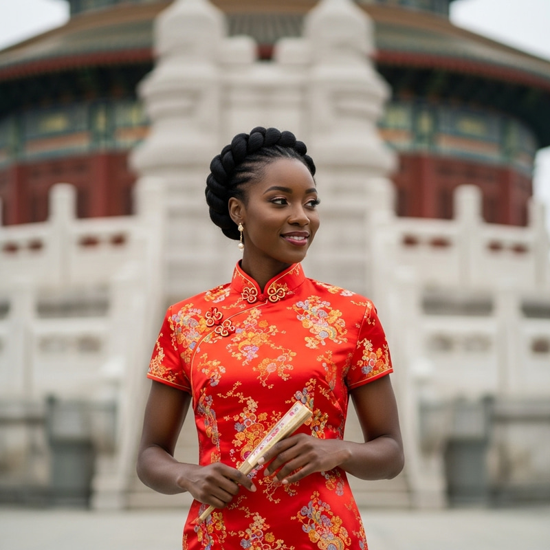Graceful Dark-Skinned Woman in Red Silk Chinese Dress Graceful Dark-Skinned Woman in Red Silk Chinese Dress
