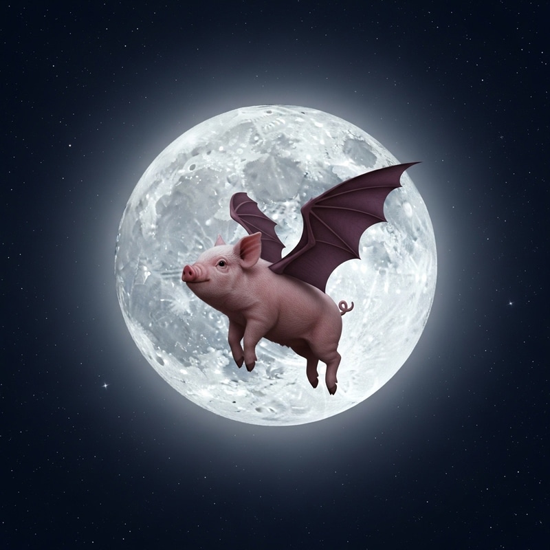 Flying Pig in Moonlight - Enchanting Nighttime Scene with Soaring Piglet Flying Pig in Moonlight - Enchanting Nighttime Scene with Soaring Piglet