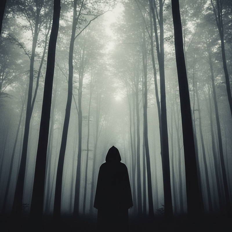 Eerie Monochromatic Scene: Mysterious Figure in Foggy Forest