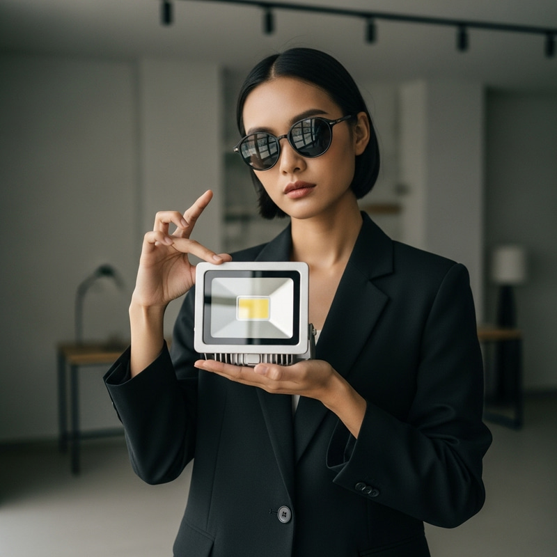 Trendy LED Flood Light Held by Asian Model | Lighting Trendy LED Flood Light Held by Asian Model | Lighting