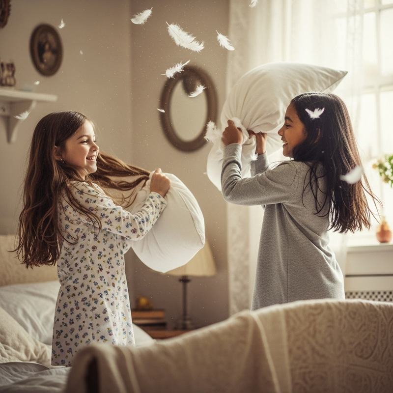 Playful Pillow Fight in Cozy Bedroom | Nostalgic Children's Illustration Playful Pillow Fight in Cozy Bedroom | Nostalgic Children's Illustration