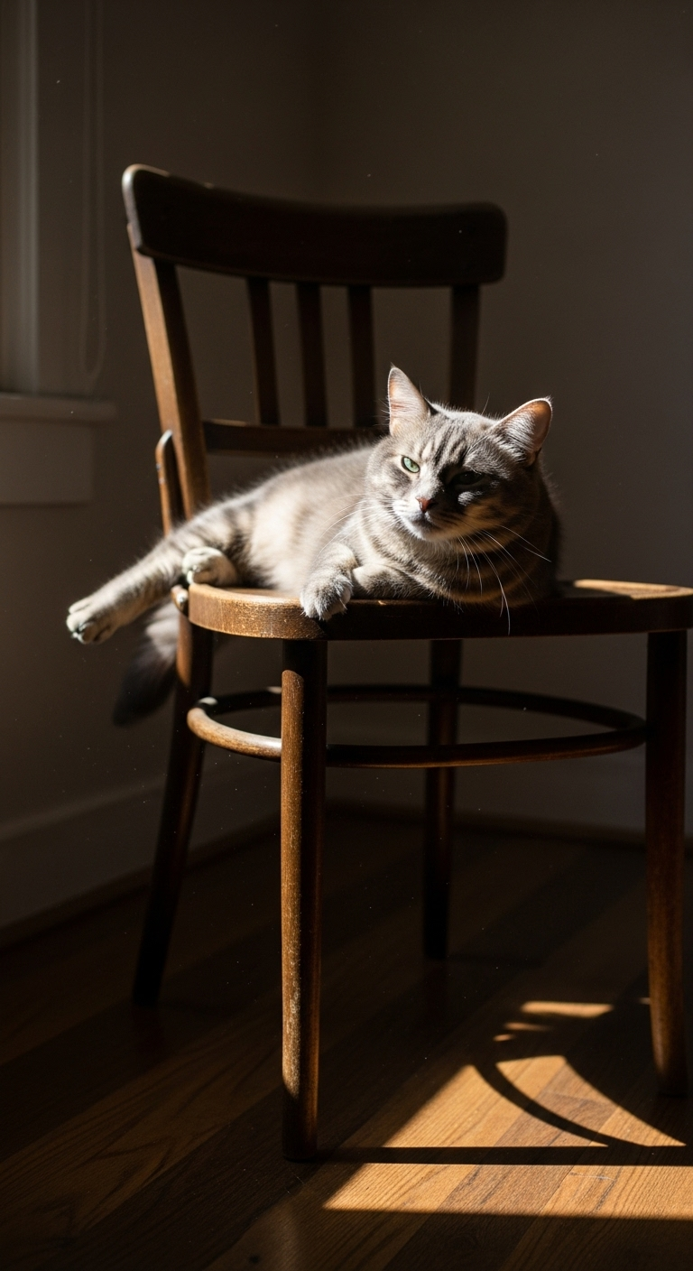 Tranquil Cat on Wooden Chair - Captivating Pose in Sunlight