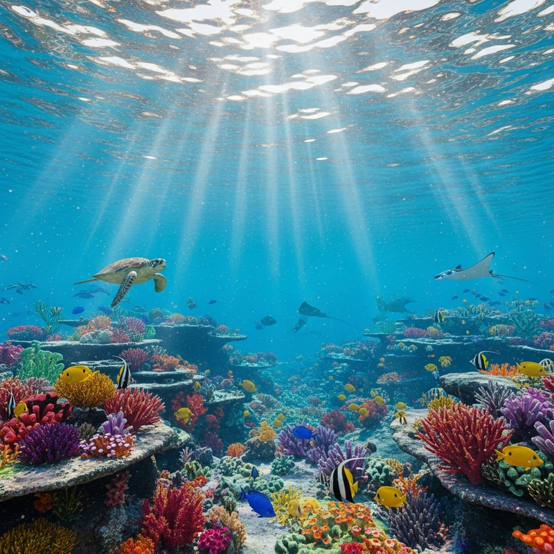 Underwater 3D: Marine Life and Corals in Sunlit Seafloor Underwater 3D: Marine Life and Corals in Sunlit Seafloor