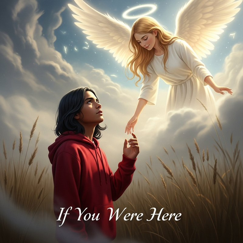 Hispanic Boy with Long Hair and Red Hoodie Looking Up at Angelic Girl in the Sky Hispanic Boy with Long Hair and Red Hoodie Looking Up at Angelic Girl in the Sky