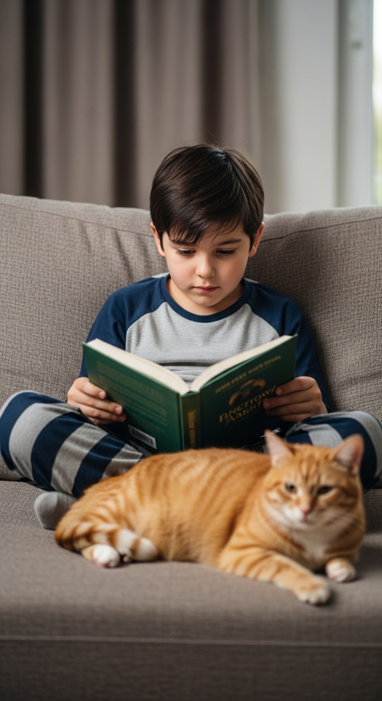 Dark-Haired 8-Year-Old Boy Reading Book with Ginger Cat in Realistic Home Scene