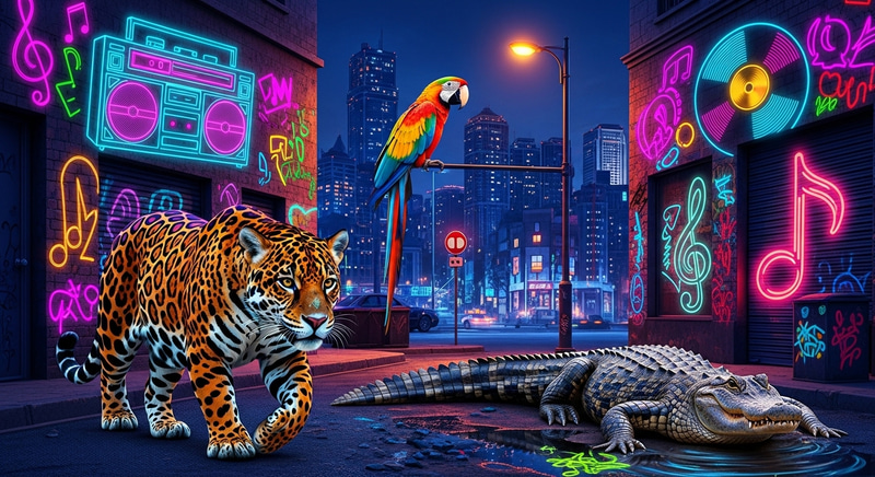 Vibrant Night Cityscape: Graffiti Neon Music & Animals Vibrant Night Cityscape: Graffiti Neon Music & Animals