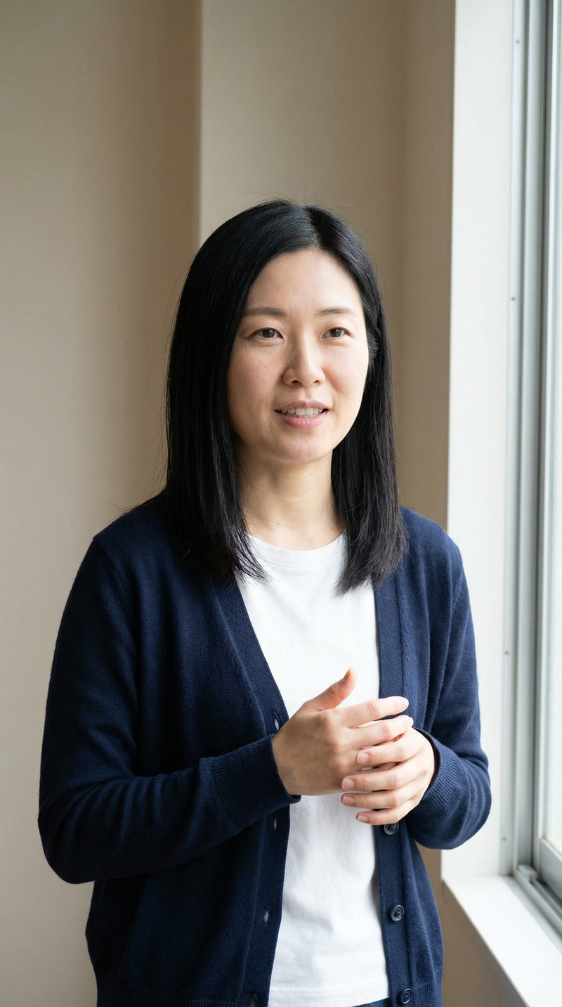 Calm Asian Woman in Blue Cardigan - 4K Photo