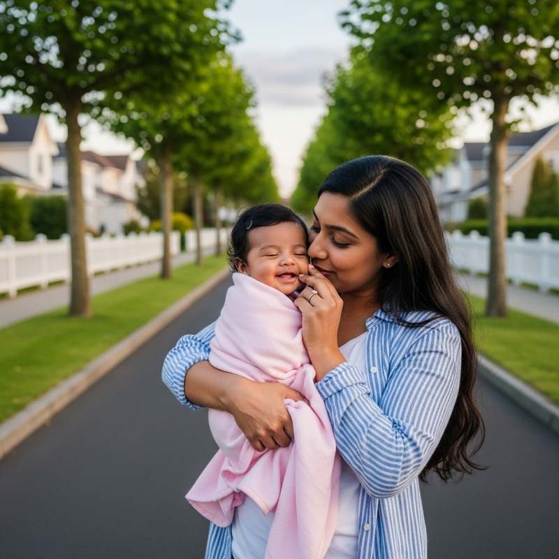 Beautiful Baby & South Asian Mother on Asphalt Sidewalk Beautiful Baby & South Asian Mother on Asphalt Sidewalk