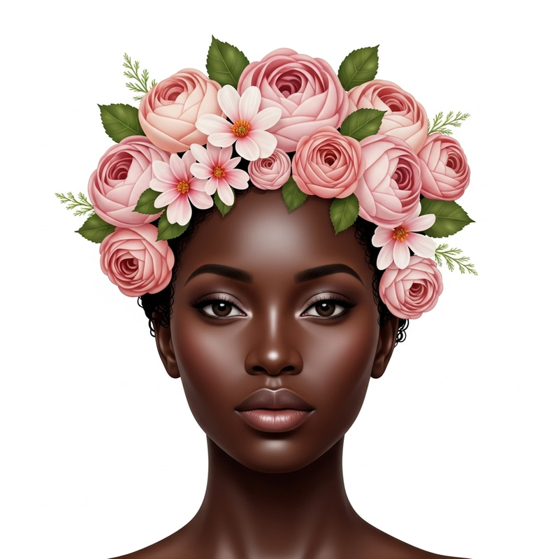 Realistic Black Woman with Floral Headpiece
