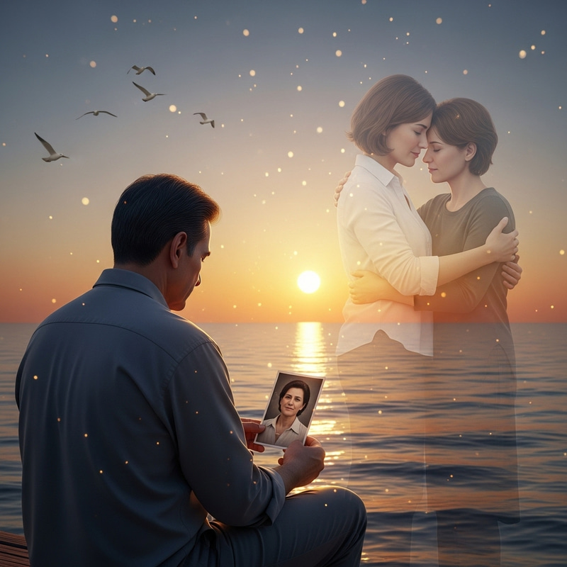 Heartfelt Sunset Moment with Beloved Wife's Memory by the Sea Heartfelt Sunset Moment with Beloved Wife's Memory by the Sea