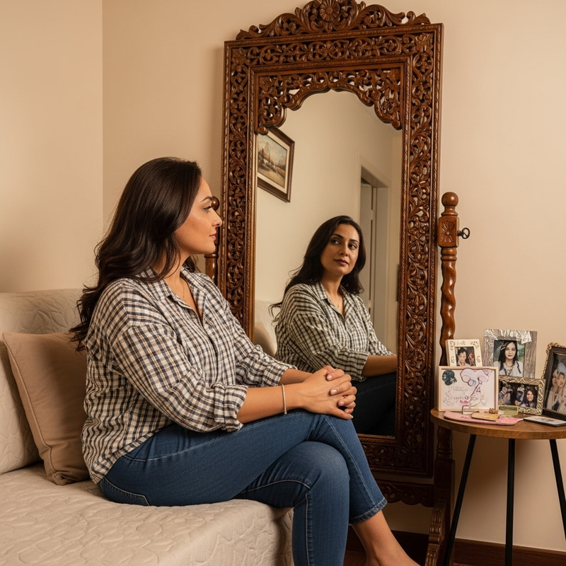 44-Year-Old Middle-Eastern Woman Admiring Reflection in Wooden Mirror