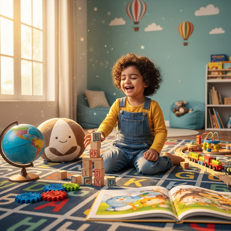 Middle-Eastern Child Playing in Cheerful Playroom