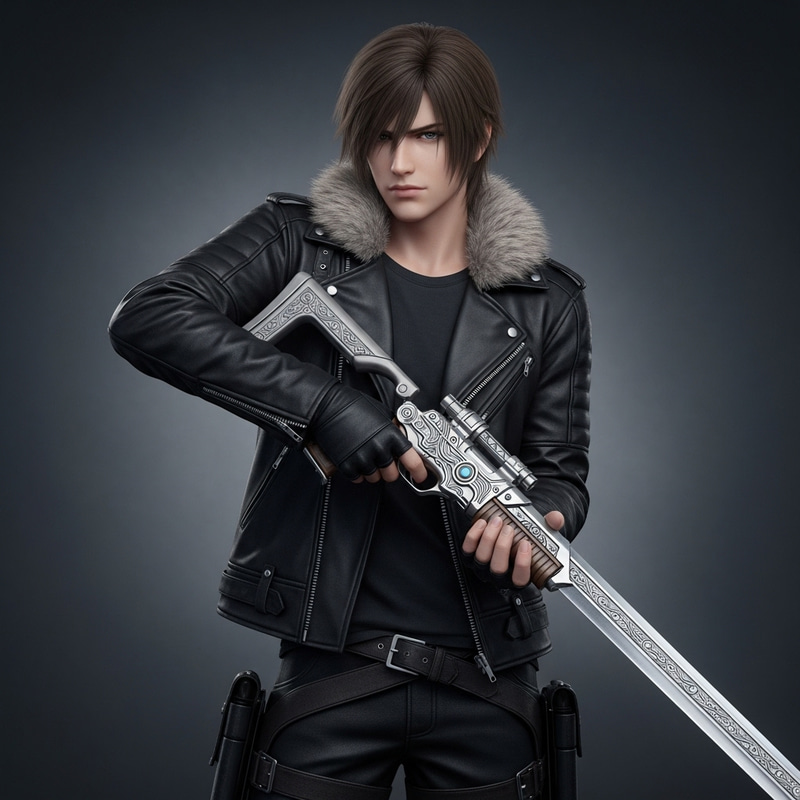 Squall from Final Fantasy 8 with Gunblade Art - Unique Character in Black Leather Jacket Squall from Final Fantasy 8 with Gunblade Art - Unique Character in Black Leather Jacket