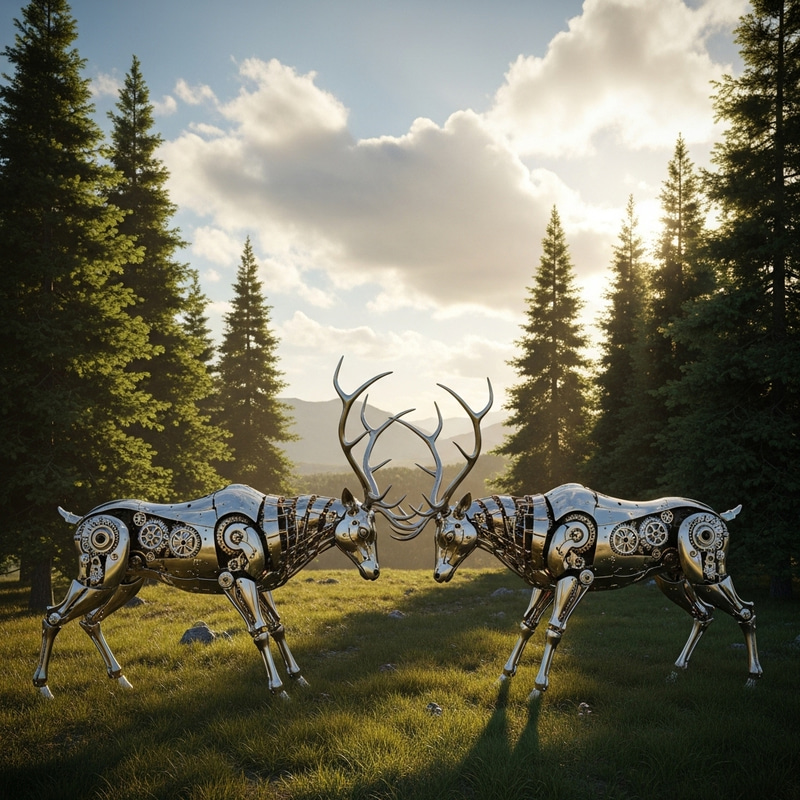 Mechanical Deer Clash Amidst Serene Steampunk Landscape Mechanical Deer Clash Amidst Serene Steampunk Landscape