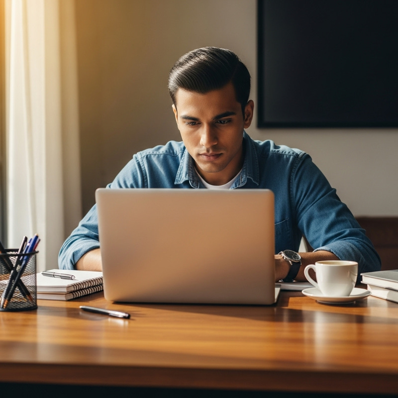 Focused Student Studying with Laptop at Desk
