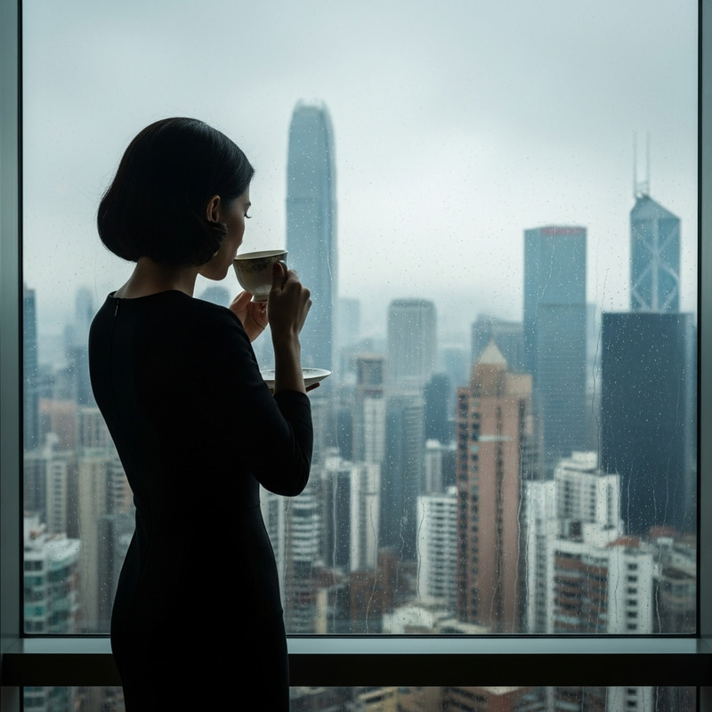 Elegant Woman Enjoying Coffee Facing Cityscape in Rain Elegant Woman Enjoying Coffee Facing Cityscape in Rain