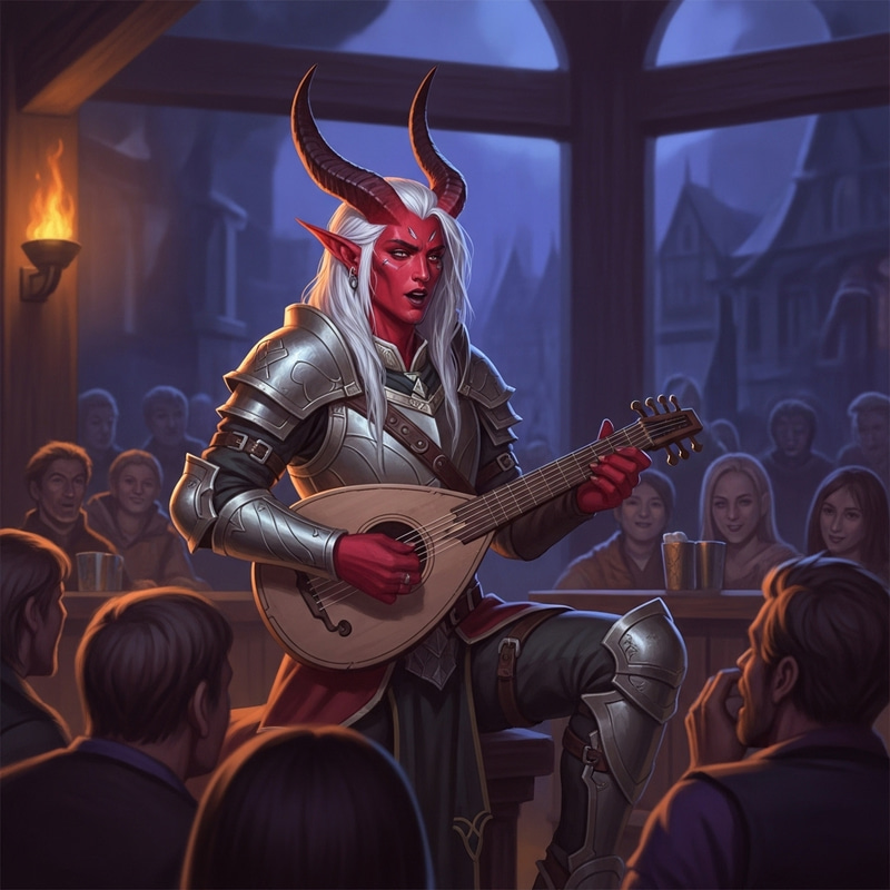 Tiefling Bard with White Hair and Lute in Fantasy Tavern Tiefling Bard with White Hair and Lute in Fantasy Tavern