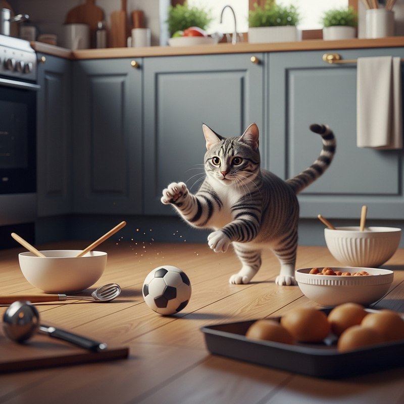 Playful Cat Playing Soccer in Kitchen