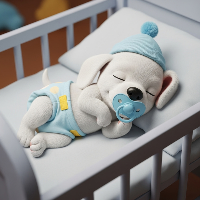 Cute Newborn Snoopy in Diapers Sleeping in Baby Crib Cute Newborn Snoopy in Diapers Sleeping in Baby Crib