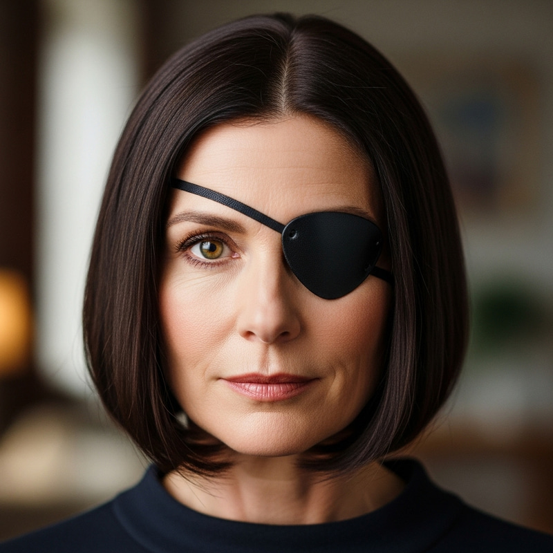 Mysterious Middle-Aged Woman with Bob Haircut and Eyepatch Mysterious Middle-Aged Woman with Bob Haircut and Eyepatch