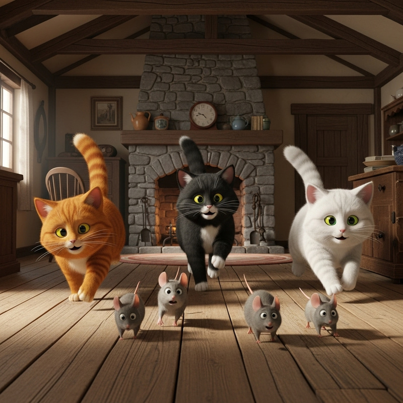 Animated Cats Chasing Mice in a Rustic House Animated Cats Chasing Mice in a Rustic House
