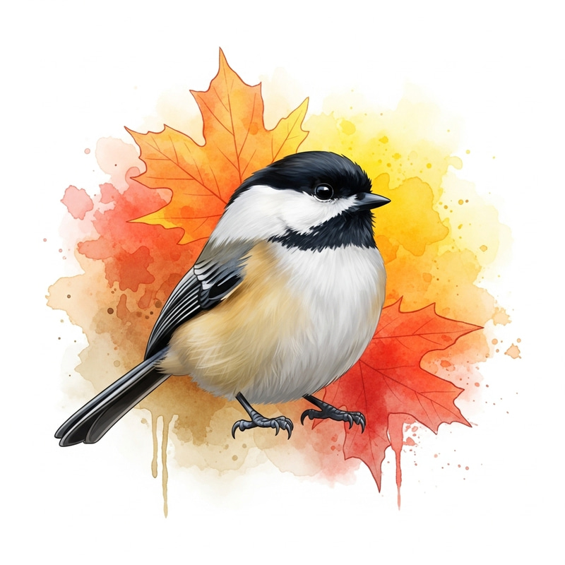 Large Chickadee against Vibrant Fall Watercolor Background Large Chickadee against Vibrant Fall Watercolor Background