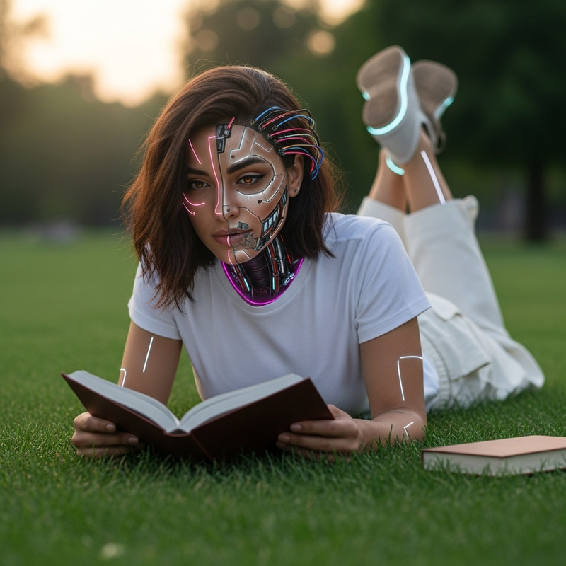 Futuristic Middle-Eastern Woman Reading Book in Park at Dawn Futuristic Middle-Eastern Woman Reading Book in Park at Dawn