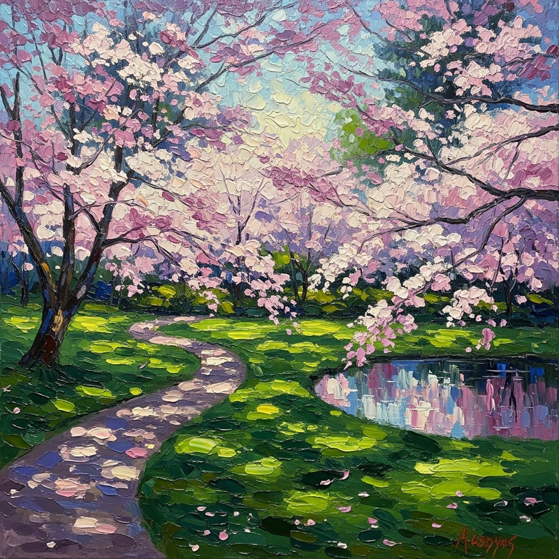 Impressionist Cherry Blossom Garden Painting | Tranquil Scene Impressionist Cherry Blossom Garden Painting | Tranquil Scene