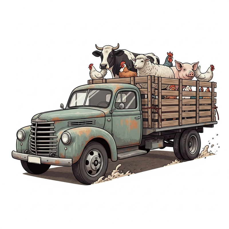 Vintage Farm Truck with Animals - Rustic Charm Illustration
