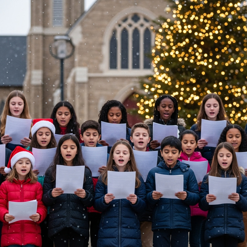 Diverse Children Singing Christmas Carols | Festive Scene with Church