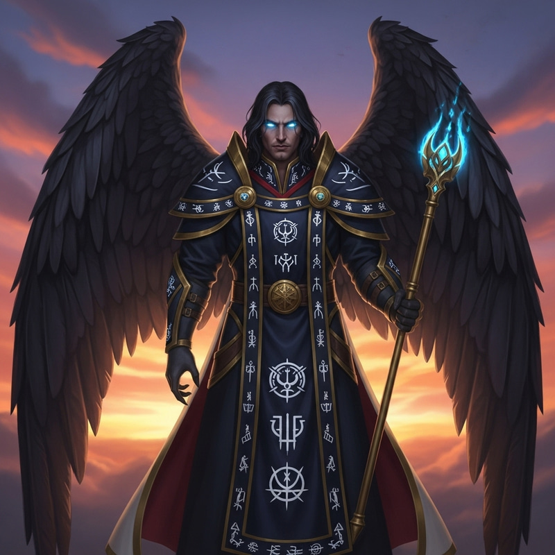 Lucifer: Mythical Figure with Glossy Black Wings and Golden Scepter Lucifer: Mythical Figure with Glossy Black Wings and Golden Scepter