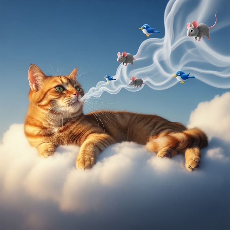 Surreal Cat in Cerulean Sky Blowing Whimsical Smoke Shapes Surreal Cat in Cerulean Sky Blowing Whimsical Smoke Shapes