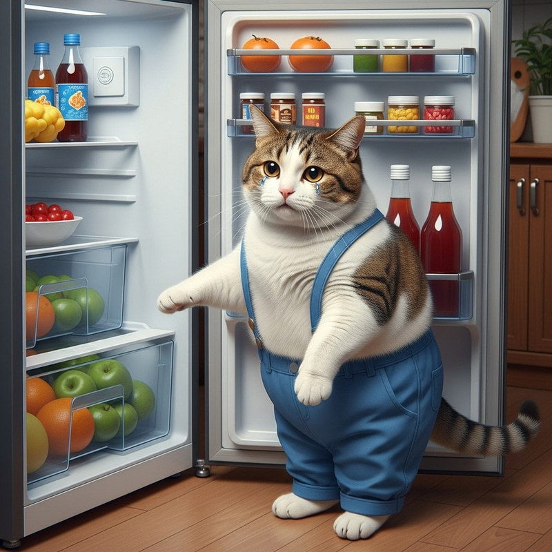 Fat White-Brown Cat Crying at Open Empty Refrigerator | Emotional Scene