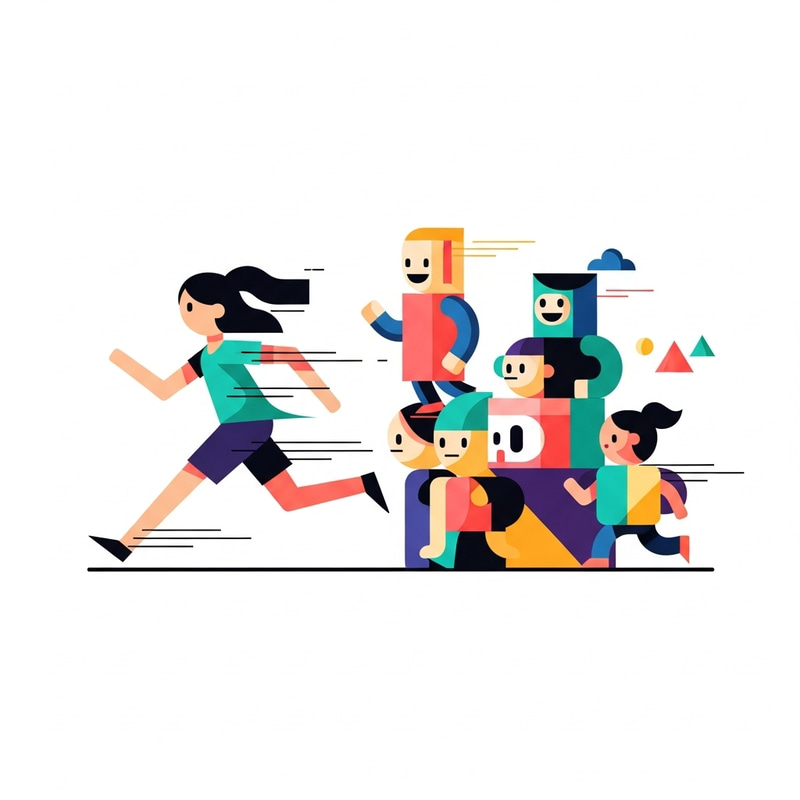 Flat Illustration of Dynamic Running Girl with Geometric Figures