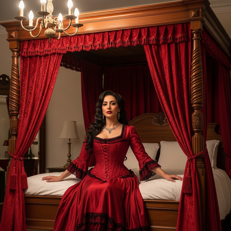 Regal Victorian Mistress on Antique Four-Poster Bed