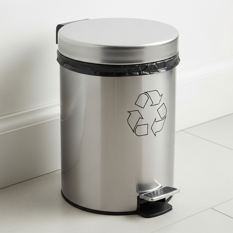 Small Bathroom Trash Can with Recycling Symbol Small Bathroom Trash Can with Recycling Symbol