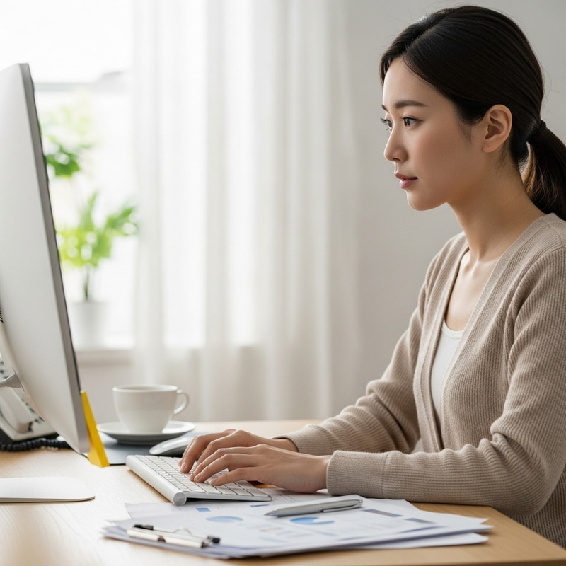 Focused East Asian Woman Typing at Computer Desk Focused East Asian Woman Typing at Computer Desk