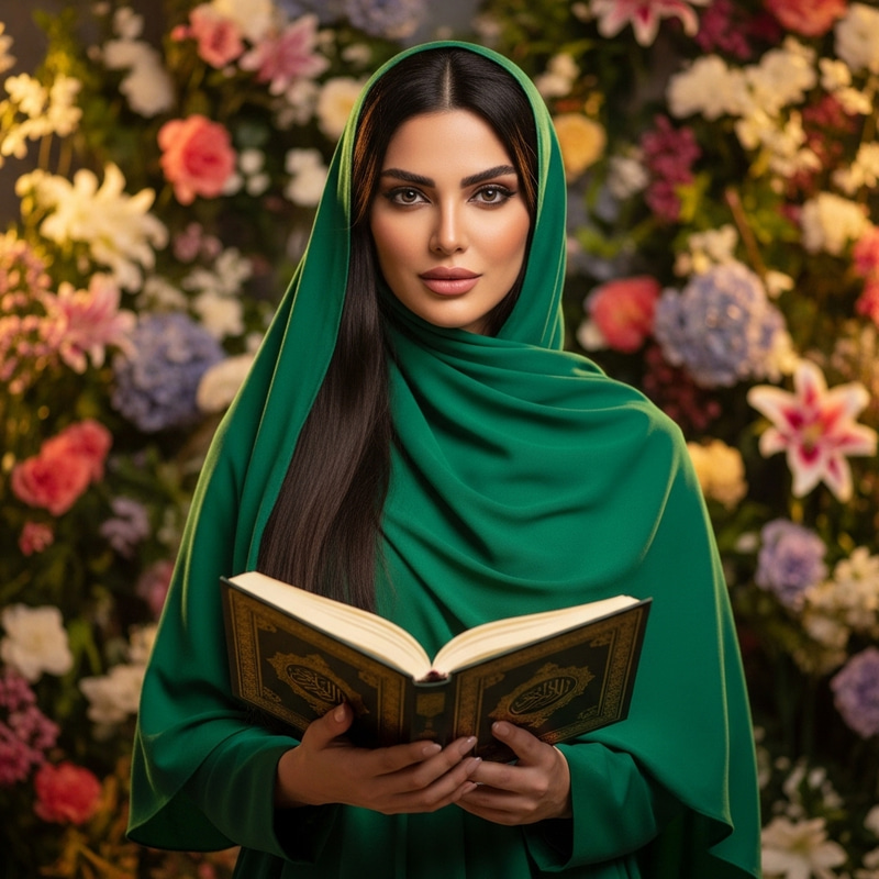 Beautiful Muslim Woman with Angelina Jolie Features in Green Hijab Standing Among Flowers Beautiful Muslim Woman with Angelina Jolie Features in Green Hijab Standing Among Flowers