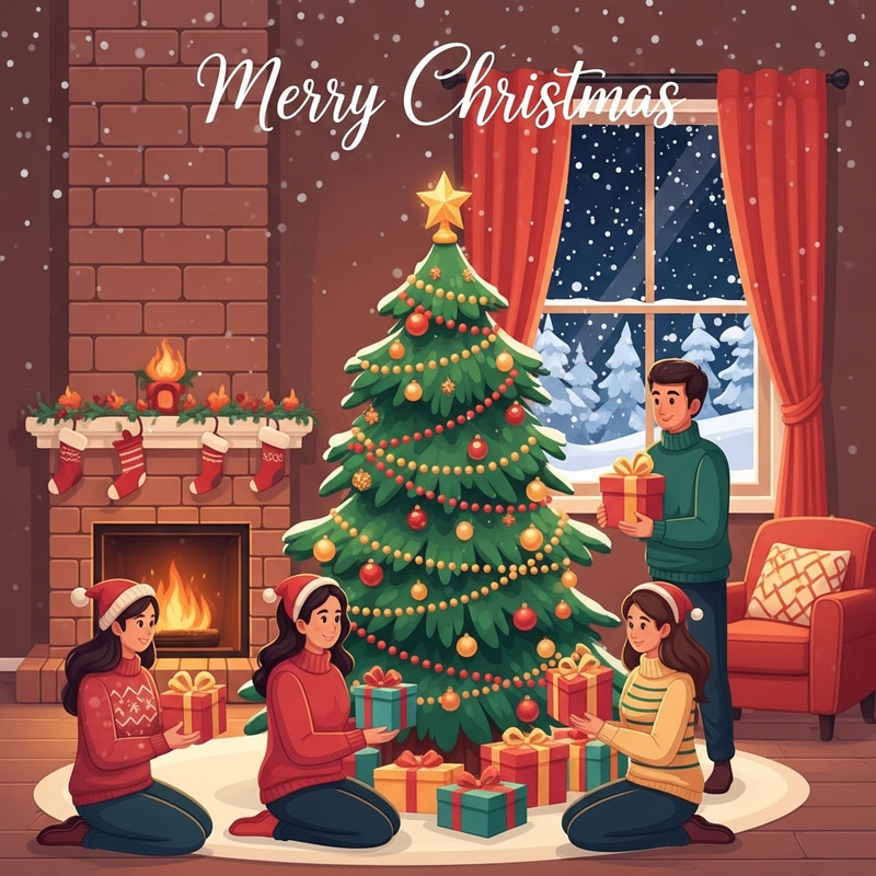 Festive Christmas Greetings Card with Colorful Decorated Tree Festive Christmas Greetings Card with Colorful Decorated Tree