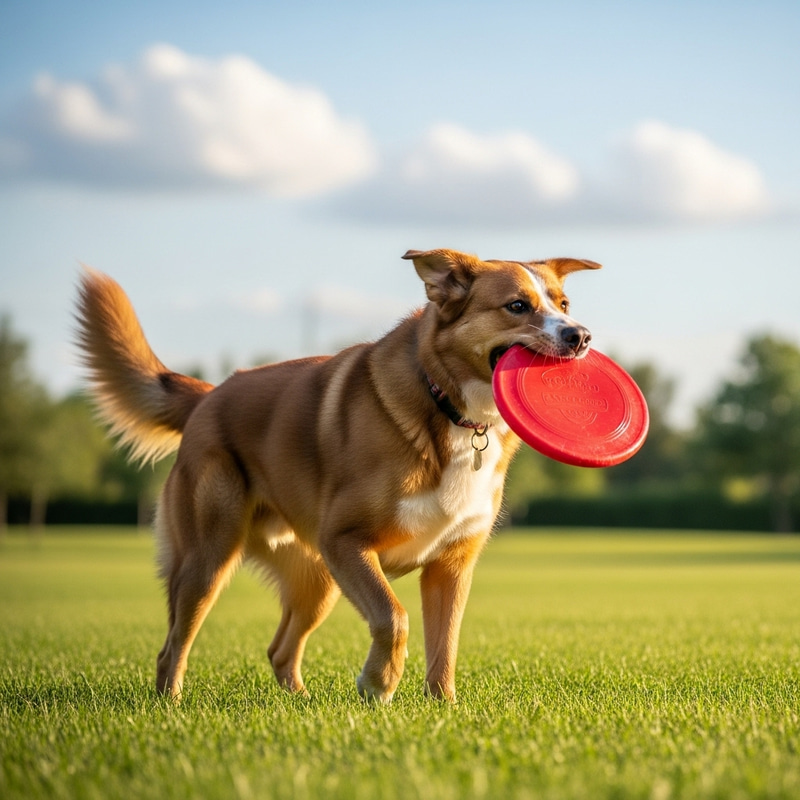 Adorable Dog Playing with Red Frisbee in Park Adorable Dog Playing with Red Frisbee in Park
