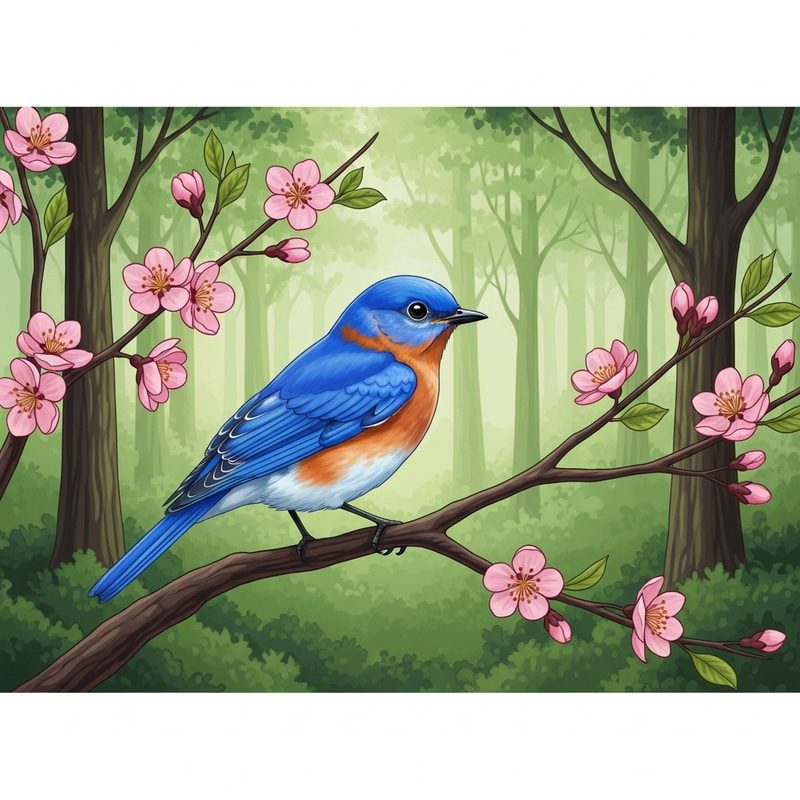Colorful Bluebird Illustration on Blossoming Tree Colorful Bluebird Illustration on Blossoming Tree