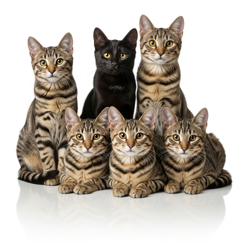 Black Cat Alongside Four Striped Brown Companions Black Cat Alongside Four Striped Brown Companions