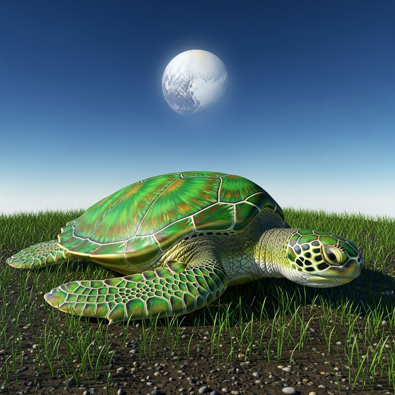 Green Turtle on Ground with Grass & Mud, Pluto in Sky - Terrestrial Life & Outer Space Fusion
