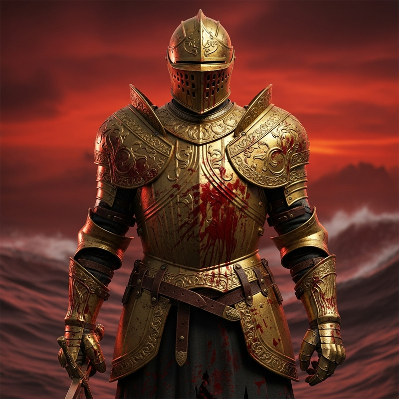Knight in Golden Armor Faces Red Stormy Sea Knight in Golden Armor Faces Red Stormy Sea