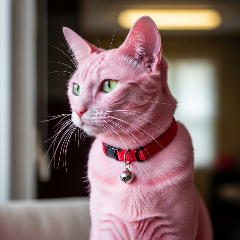 Pink Cat with Red Collar - Cute Pink Cat Picture Pink Cat with Red Collar - Cute Pink Cat Picture