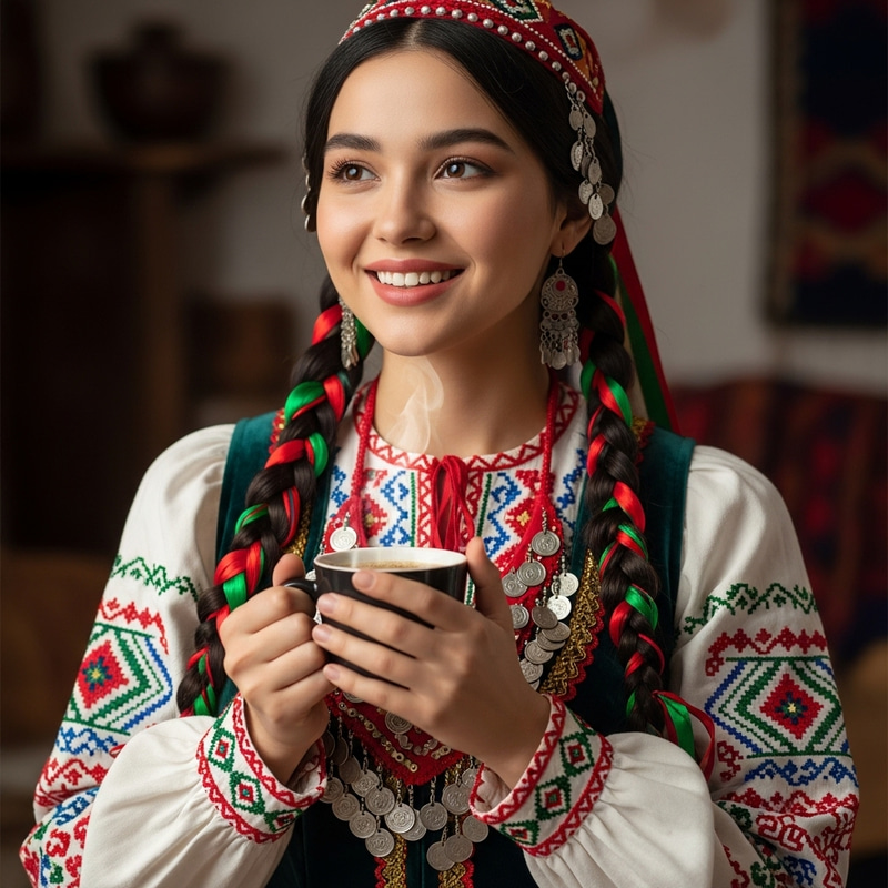 Joyful Tatar Girl in Traditional Costume with Coffee