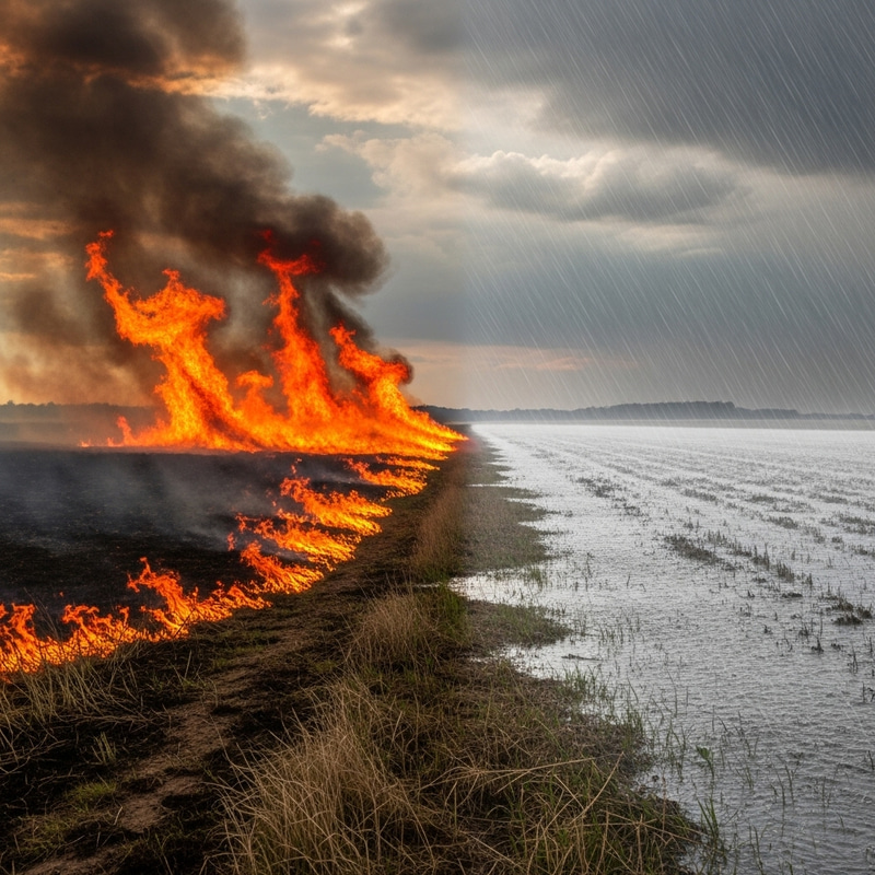 Field on Fire and Flooded: Contrast in Nature Field on Fire and Flooded: Contrast in Nature